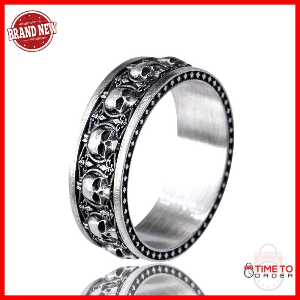 Men's Sterling Silver Skull Band Ring, Size 11, Gothic Wedding Statement Jewelry
